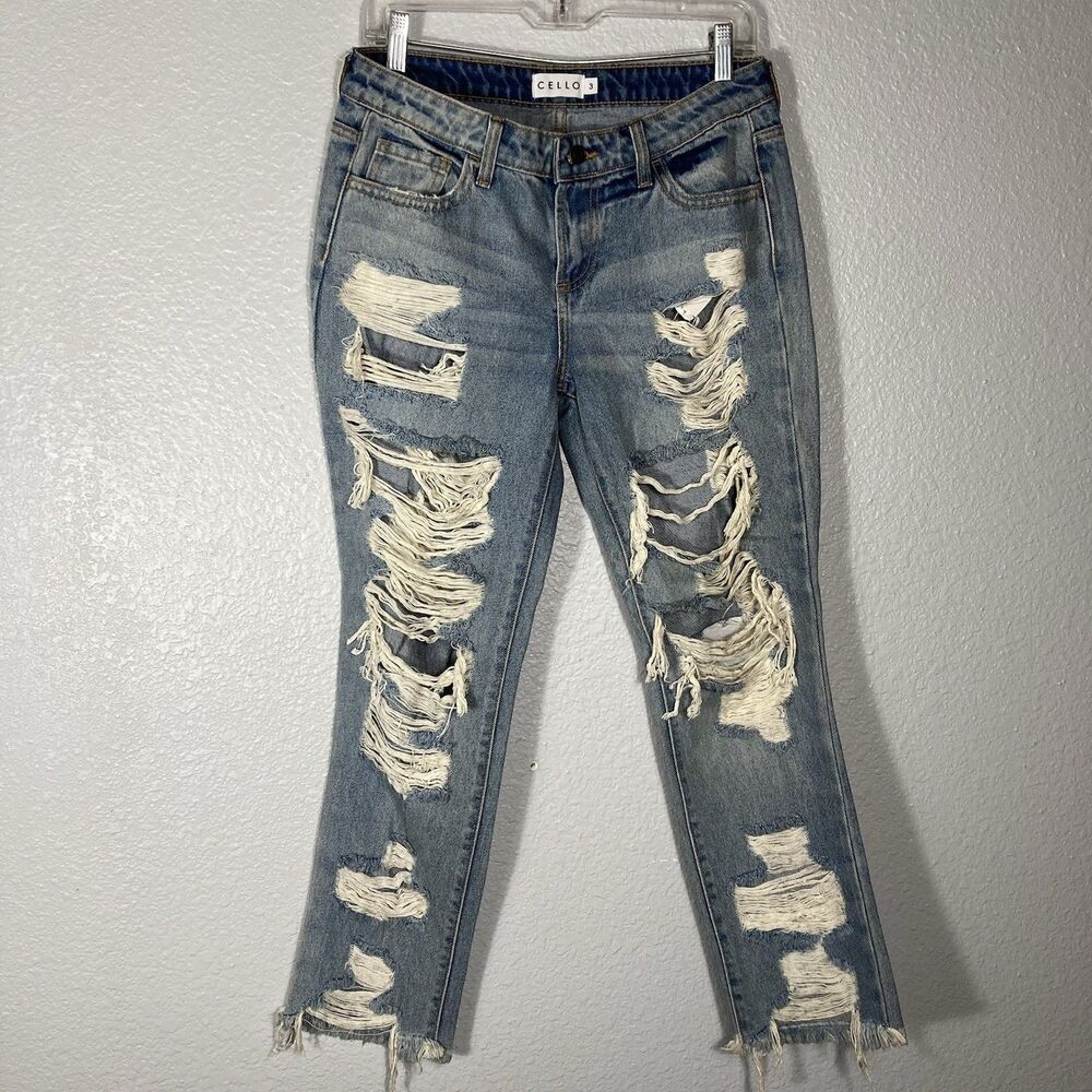 Womens Cello Ripped Jeans 3 Slim Boyfriend Distressed Raw Hem Grunge Rock 29x27